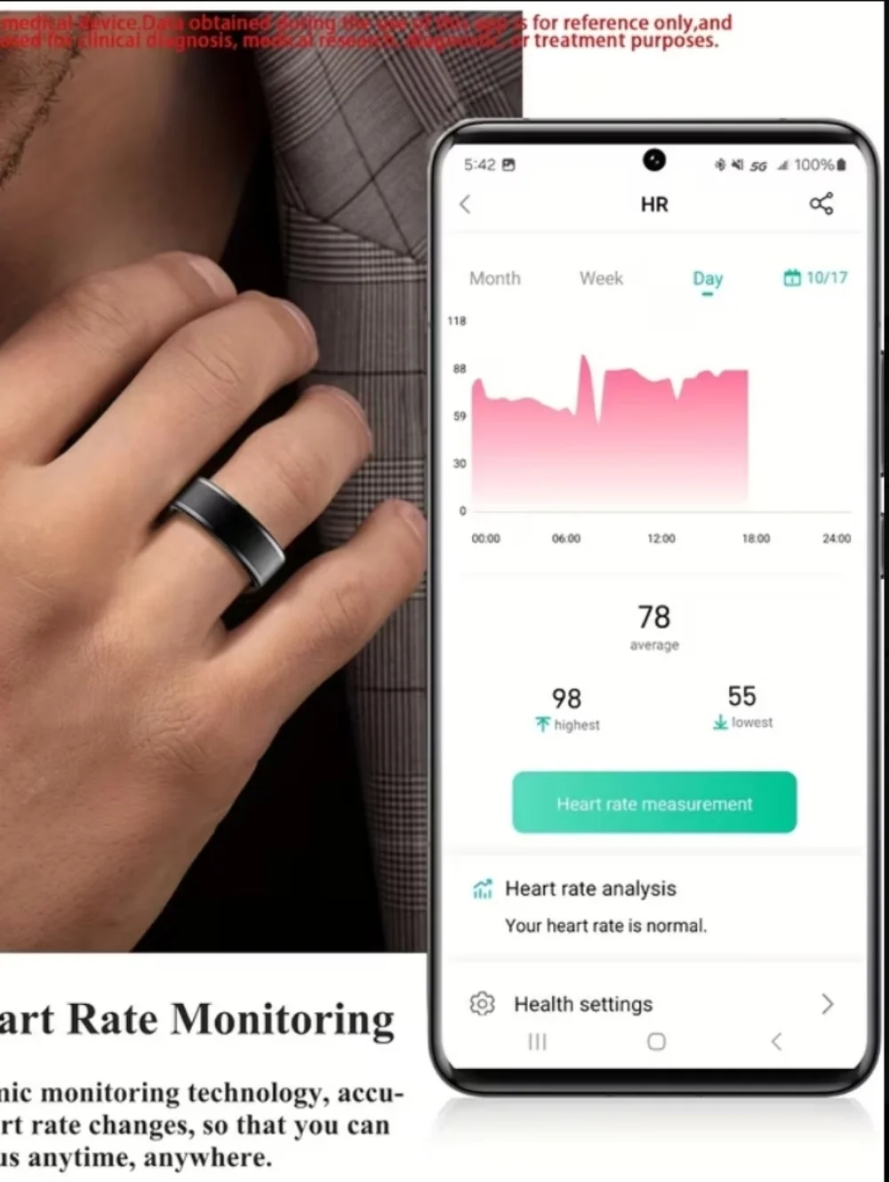 IP 68. Black Smart Health Ring with Advanced Sensors